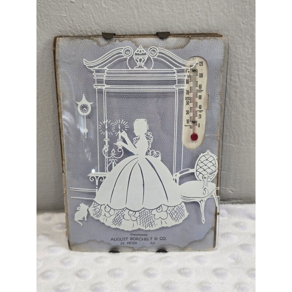 Vintage Reverse Painted Silhouette Thermometer Advertising August Borchelt IL